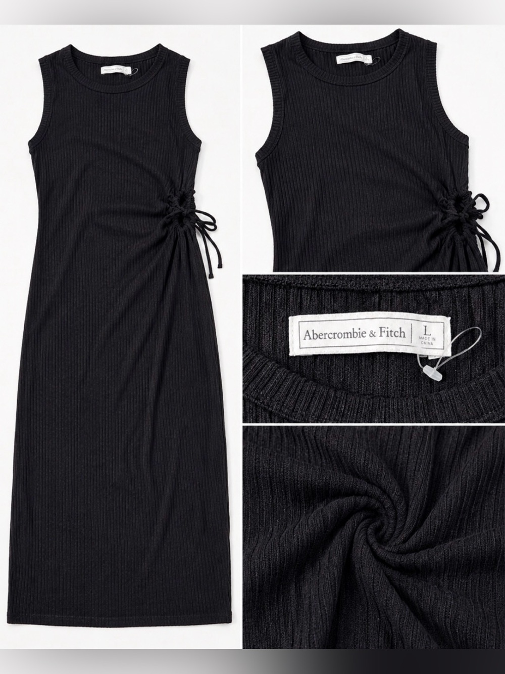 Abercrombie & Fitch Black Ribbed Ruched Midi Dress Size L